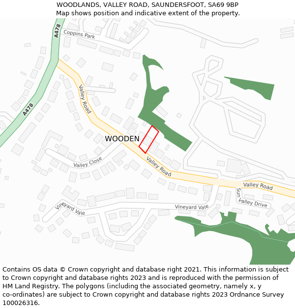 WOODLANDS, VALLEY ROAD, SAUNDERSFOOT, SA69 9BP: Location map and indicative extent of plot