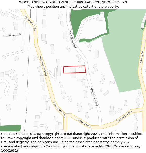 WOODLANDS, WALPOLE AVENUE, CHIPSTEAD, COULSDON, CR5 3PN: Location map and indicative extent of plot