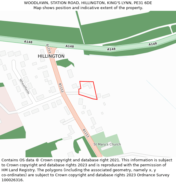 WOODLAWN, STATION ROAD, HILLINGTON, KING'S LYNN, PE31 6DE: Location map and indicative extent of plot