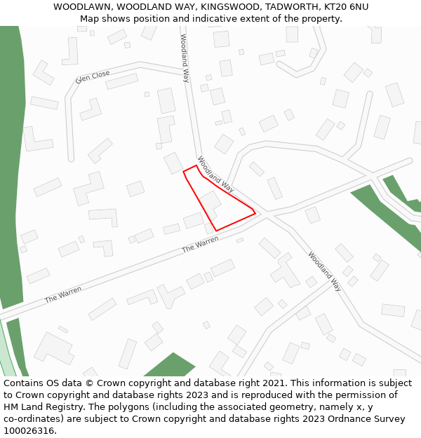 WOODLAWN, WOODLAND WAY, KINGSWOOD, TADWORTH, KT20 6NU: Location map and indicative extent of plot
