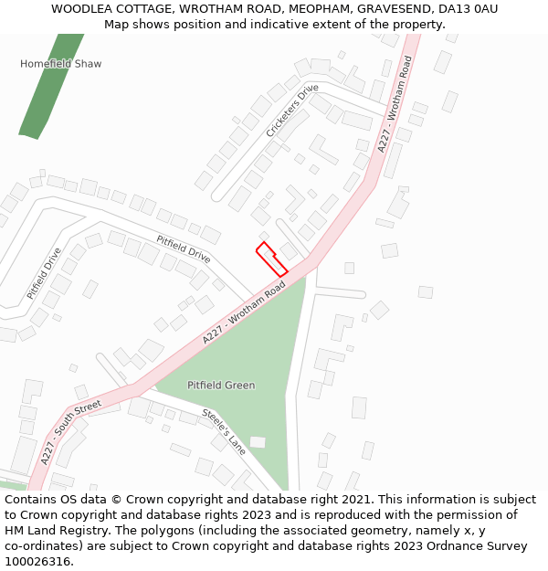WOODLEA COTTAGE, WROTHAM ROAD, MEOPHAM, GRAVESEND, DA13 0AU: Location map and indicative extent of plot