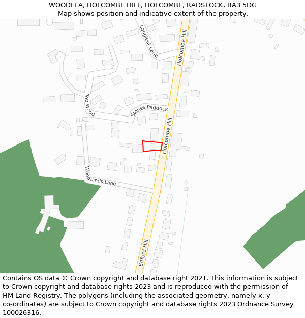 WOODLEA, HOLCOMBE HILL, HOLCOMBE, RADSTOCK, BA3 5DG: Location map and indicative extent of plot