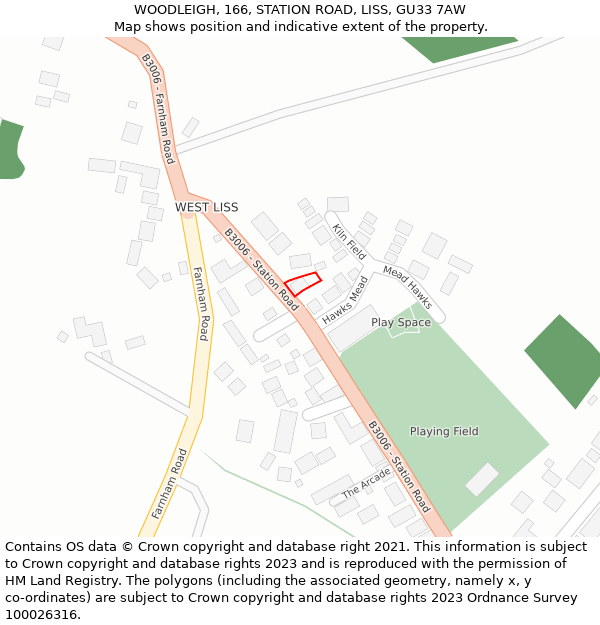 WOODLEIGH, 166, STATION ROAD, LISS, GU33 7AW: Location map and indicative extent of plot