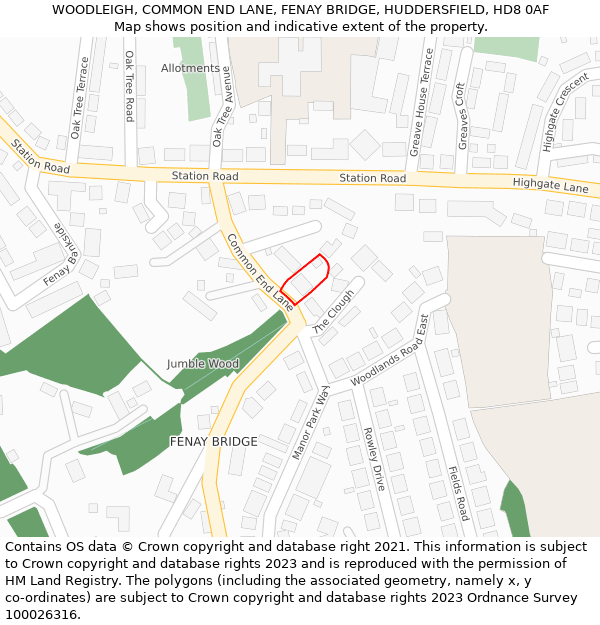 WOODLEIGH, COMMON END LANE, FENAY BRIDGE, HUDDERSFIELD, HD8 0AF: Location map and indicative extent of plot