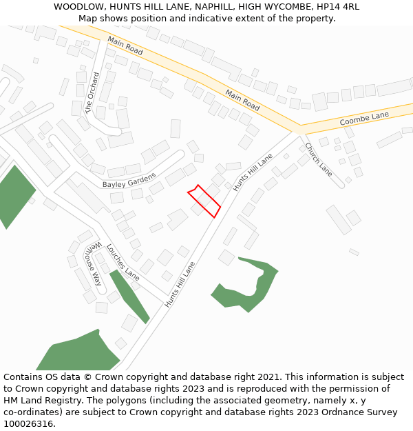 WOODLOW, HUNTS HILL LANE, NAPHILL, HIGH WYCOMBE, HP14 4RL: Location map and indicative extent of plot