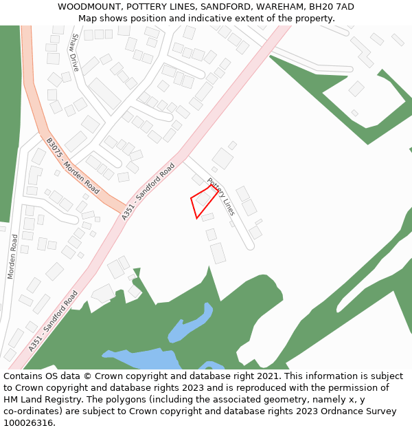 WOODMOUNT, POTTERY LINES, SANDFORD, WAREHAM, BH20 7AD: Location map and indicative extent of plot