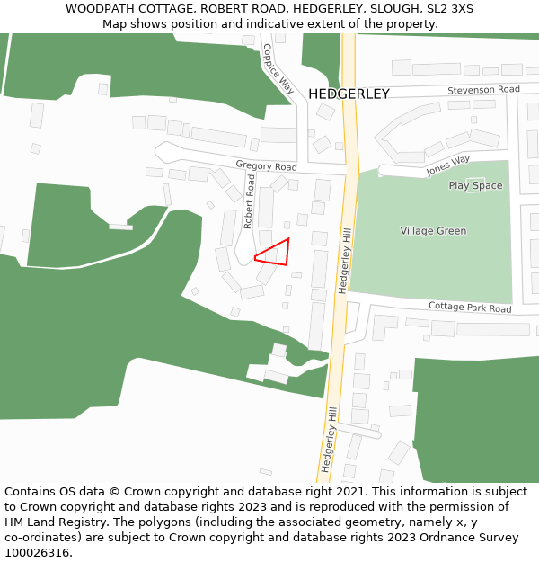 WOODPATH COTTAGE, ROBERT ROAD, HEDGERLEY, SLOUGH, SL2 3XS: Location map and indicative extent of plot