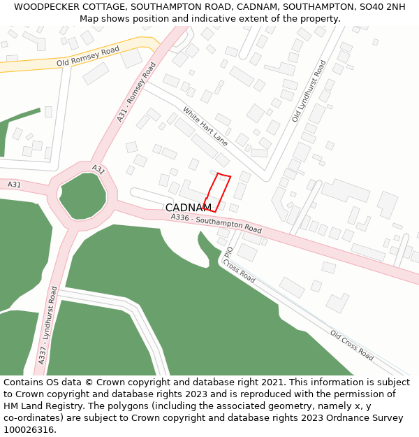 WOODPECKER COTTAGE, SOUTHAMPTON ROAD, CADNAM, SOUTHAMPTON, SO40 2NH: Location map and indicative extent of plot