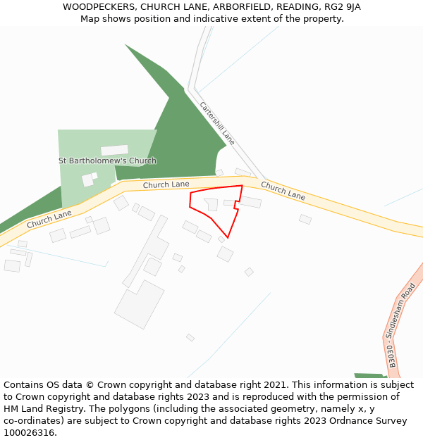 WOODPECKERS, CHURCH LANE, ARBORFIELD, READING, RG2 9JA: Location map and indicative extent of plot