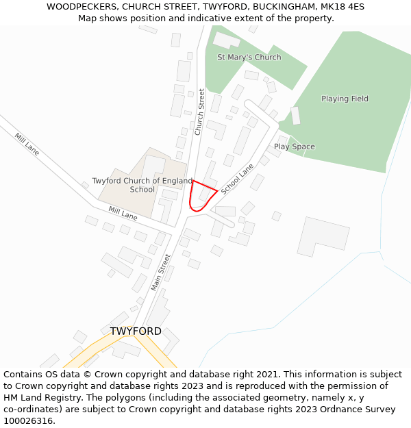 WOODPECKERS, CHURCH STREET, TWYFORD, BUCKINGHAM, MK18 4ES: Location map and indicative extent of plot