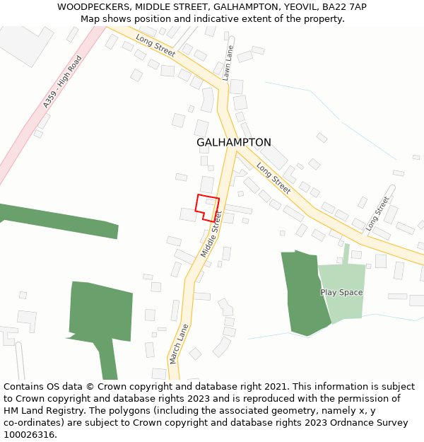 WOODPECKERS, MIDDLE STREET, GALHAMPTON, YEOVIL, BA22 7AP: Location map and indicative extent of plot