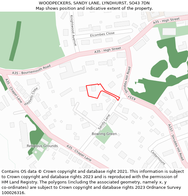 WOODPECKERS, SANDY LANE, LYNDHURST, SO43 7DN: Location map and indicative extent of plot