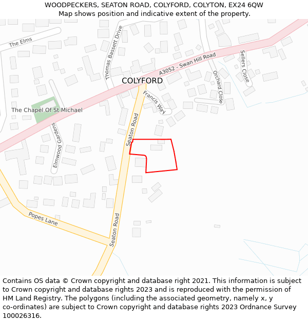WOODPECKERS, SEATON ROAD, COLYFORD, COLYTON, EX24 6QW: Location map and indicative extent of plot