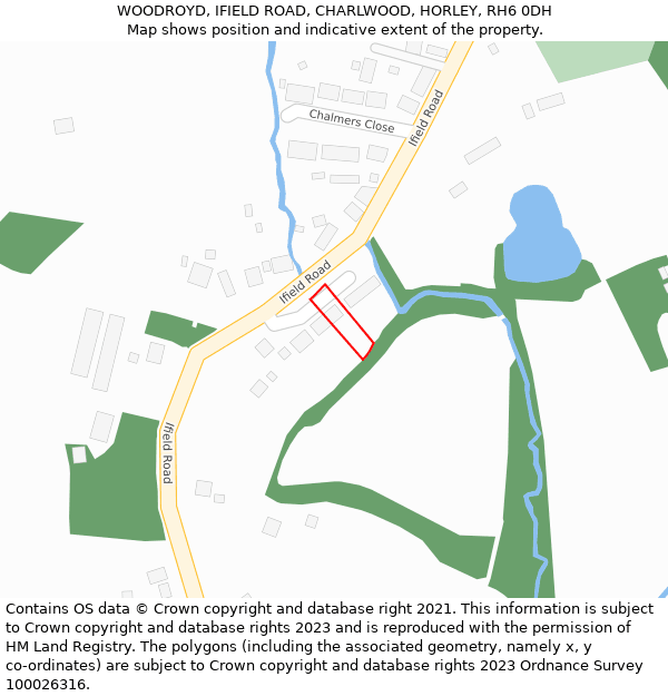 WOODROYD, IFIELD ROAD, CHARLWOOD, HORLEY, RH6 0DH: Location map and indicative extent of plot
