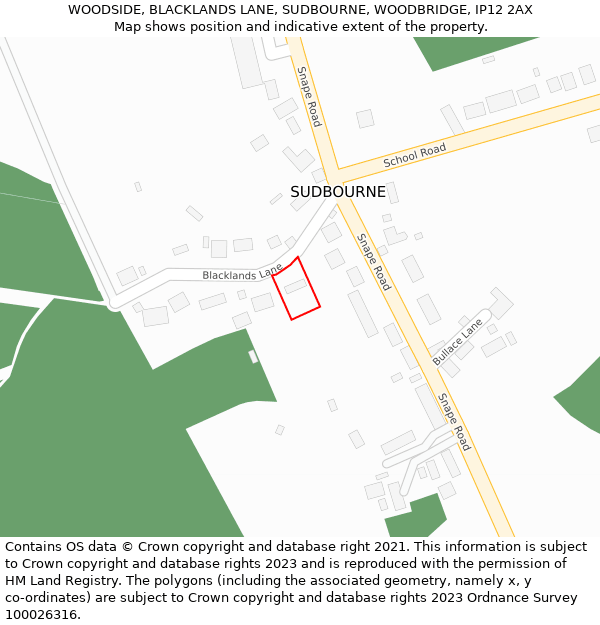 WOODSIDE, BLACKLANDS LANE, SUDBOURNE, WOODBRIDGE, IP12 2AX: Location map and indicative extent of plot