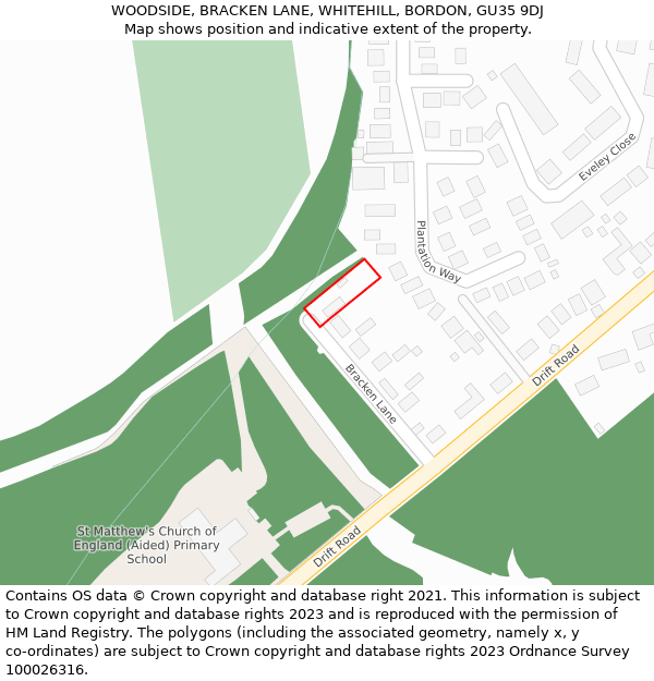 WOODSIDE, BRACKEN LANE, WHITEHILL, BORDON, GU35 9DJ: Location map and indicative extent of plot