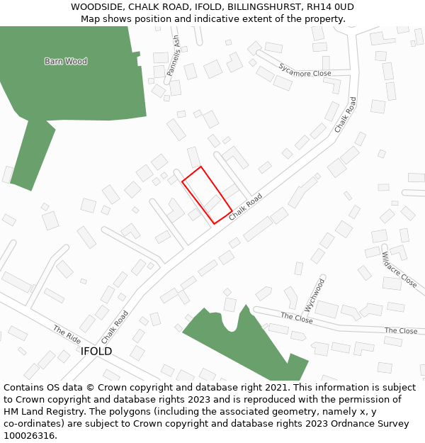 WOODSIDE, CHALK ROAD, IFOLD, BILLINGSHURST, RH14 0UD: Location map and indicative extent of plot