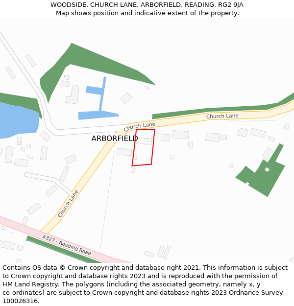 WOODSIDE, CHURCH LANE, ARBORFIELD, READING, RG2 9JA: Location map and indicative extent of plot