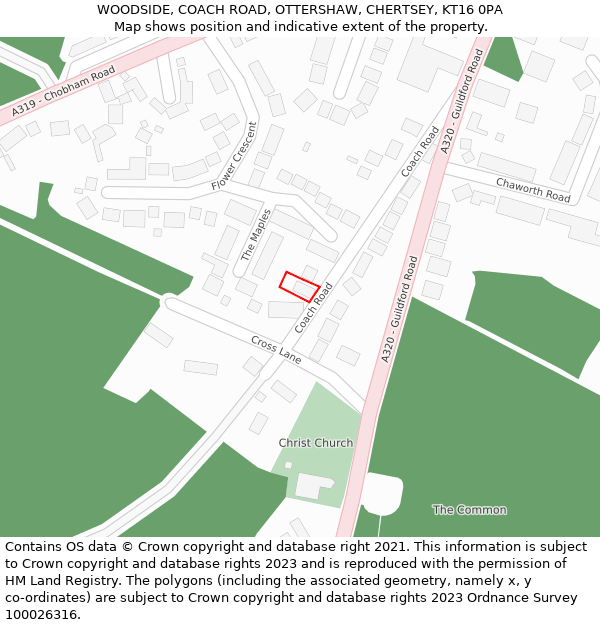 WOODSIDE, COACH ROAD, OTTERSHAW, CHERTSEY, KT16 0PA: Location map and indicative extent of plot