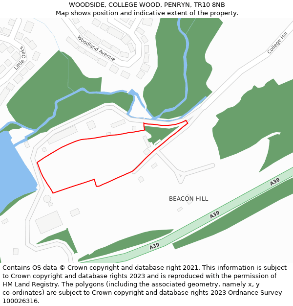 WOODSIDE, COLLEGE WOOD, PENRYN, TR10 8NB: Location map and indicative extent of plot