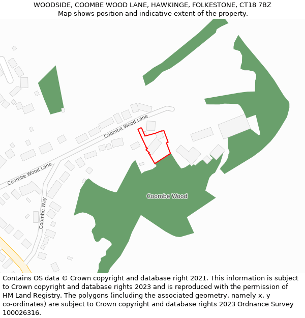 WOODSIDE, COOMBE WOOD LANE, HAWKINGE, FOLKESTONE, CT18 7BZ: Location map and indicative extent of plot