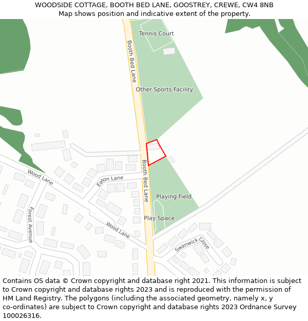 WOODSIDE COTTAGE, BOOTH BED LANE, GOOSTREY, CREWE, CW4 8NB: Location map and indicative extent of plot