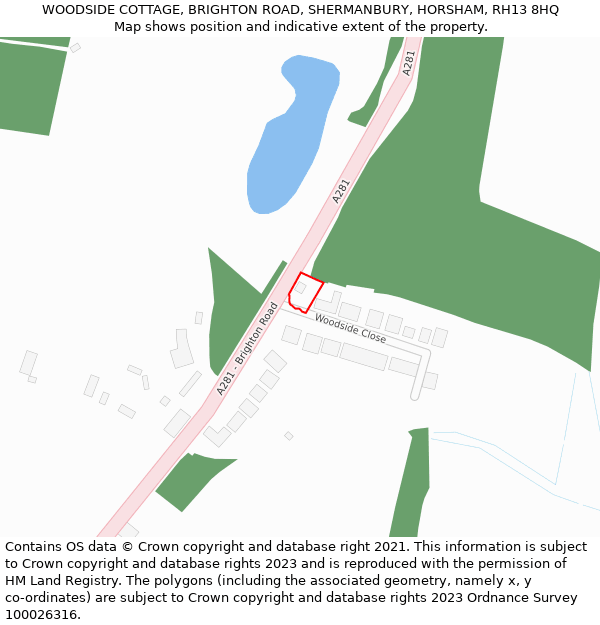 WOODSIDE COTTAGE, BRIGHTON ROAD, SHERMANBURY, HORSHAM, RH13 8HQ: Location map and indicative extent of plot