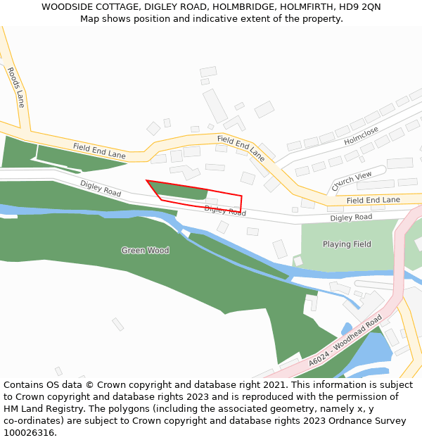 WOODSIDE COTTAGE, DIGLEY ROAD, HOLMBRIDGE, HOLMFIRTH, HD9 2QN: Location map and indicative extent of plot