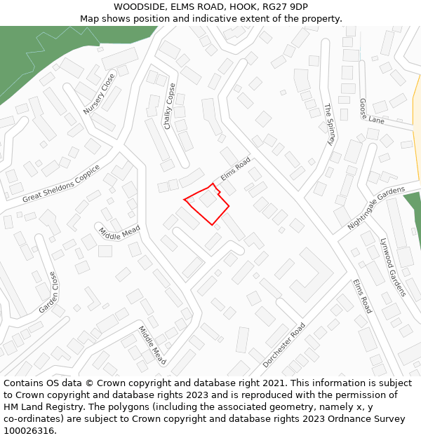 WOODSIDE, ELMS ROAD, HOOK, RG27 9DP: Location map and indicative extent of plot