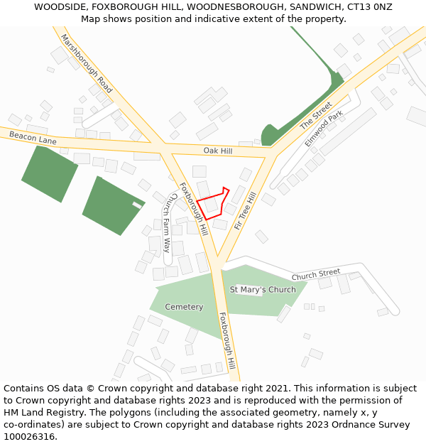 WOODSIDE, FOXBOROUGH HILL, WOODNESBOROUGH, SANDWICH, CT13 0NZ: Location map and indicative extent of plot