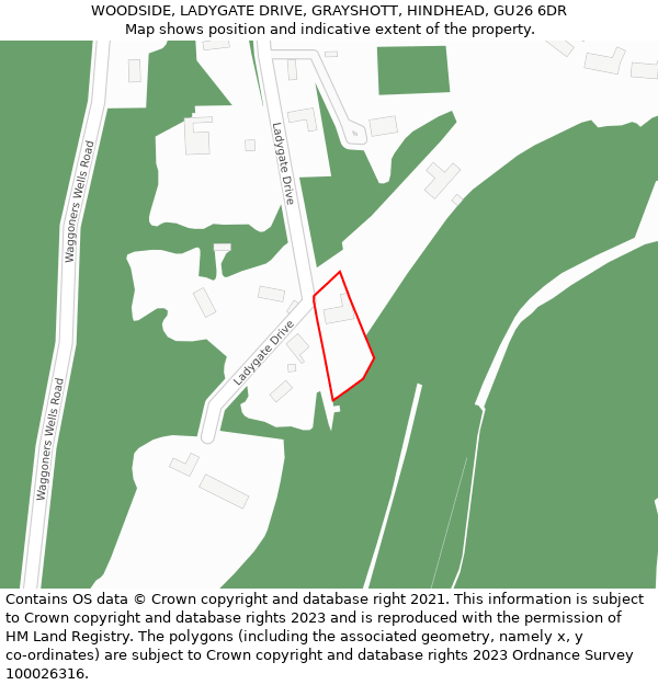 WOODSIDE, LADYGATE DRIVE, GRAYSHOTT, HINDHEAD, GU26 6DR: Location map and indicative extent of plot