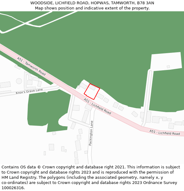 WOODSIDE, LICHFIELD ROAD, HOPWAS, TAMWORTH, B78 3AN: Location map and indicative extent of plot