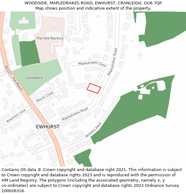 WOODSIDE, MAPLEDRAKES ROAD, EWHURST, CRANLEIGH, GU6 7QP: Location map and indicative extent of plot