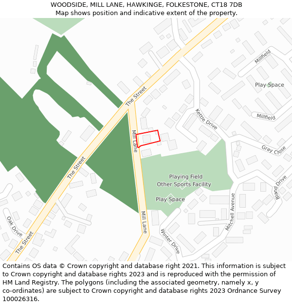 WOODSIDE, MILL LANE, HAWKINGE, FOLKESTONE, CT18 7DB: Location map and indicative extent of plot