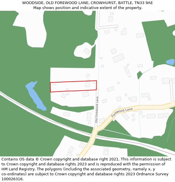 WOODSIDE, OLD FOREWOOD LANE, CROWHURST, BATTLE, TN33 9AE: Location map and indicative extent of plot