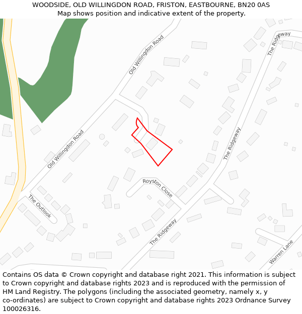 WOODSIDE, OLD WILLINGDON ROAD, FRISTON, EASTBOURNE, BN20 0AS: Location map and indicative extent of plot