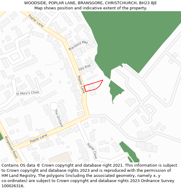 WOODSIDE, POPLAR LANE, BRANSGORE, CHRISTCHURCH, BH23 8JE: Location map and indicative extent of plot
