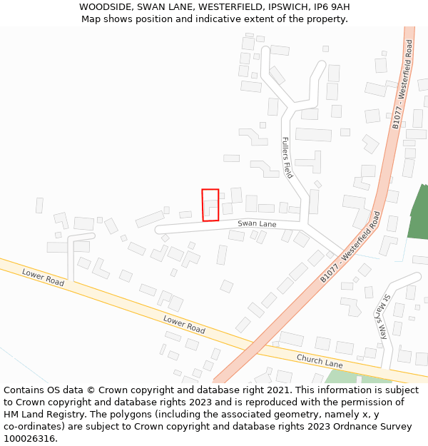 WOODSIDE, SWAN LANE, WESTERFIELD, IPSWICH, IP6 9AH: Location map and indicative extent of plot