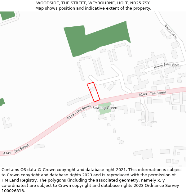 WOODSIDE, THE STREET, WEYBOURNE, HOLT, NR25 7SY: Location map and indicative extent of plot