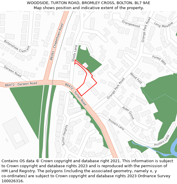 WOODSIDE, TURTON ROAD, BROMLEY CROSS, BOLTON, BL7 9AE: Location map and indicative extent of plot