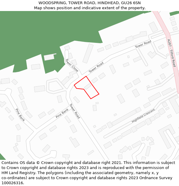 WOODSPRING, TOWER ROAD, HINDHEAD, GU26 6SN: Location map and indicative extent of plot