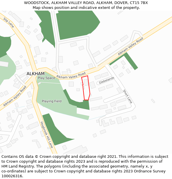 WOODSTOCK, ALKHAM VALLEY ROAD, ALKHAM, DOVER, CT15 7BX: Location map and indicative extent of plot