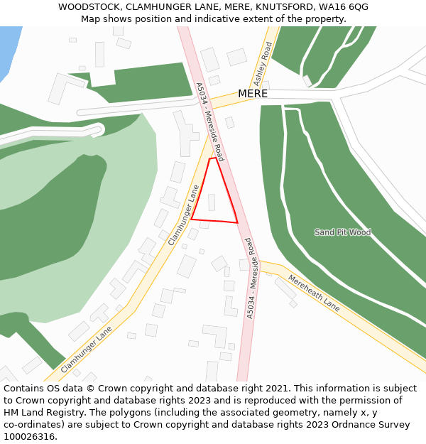 WOODSTOCK, CLAMHUNGER LANE, MERE, KNUTSFORD, WA16 6QG: Location map and indicative extent of plot