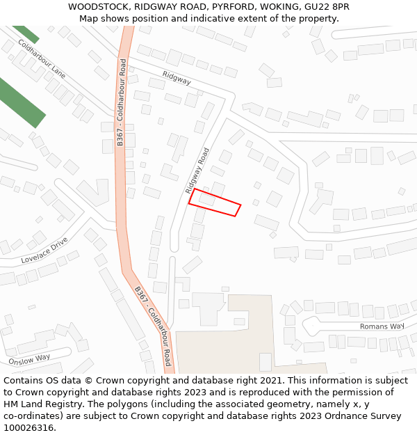 WOODSTOCK, RIDGWAY ROAD, PYRFORD, WOKING, GU22 8PR: Location map and indicative extent of plot