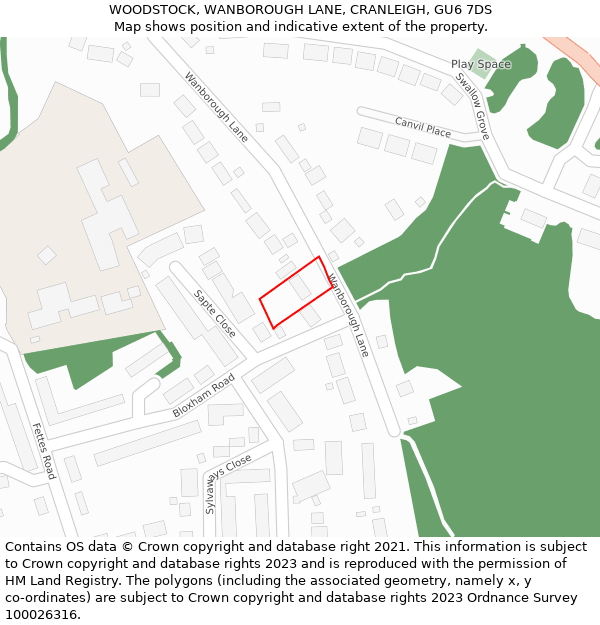 WOODSTOCK, WANBOROUGH LANE, CRANLEIGH, GU6 7DS: Location map and indicative extent of plot