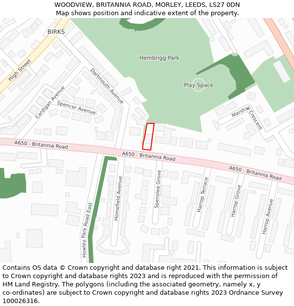 WOODVIEW, BRITANNIA ROAD, MORLEY, LEEDS, LS27 0DN: Location map and indicative extent of plot
