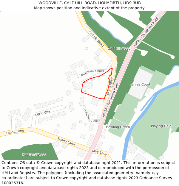 WOODVILLE, CALF HILL ROAD, HOLMFIRTH, HD9 3UB: Location map and indicative extent of plot