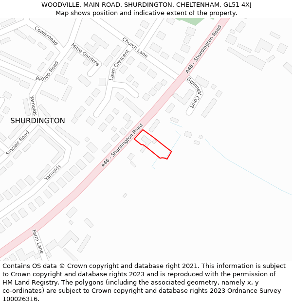 WOODVILLE, MAIN ROAD, SHURDINGTON, CHELTENHAM, GL51 4XJ: Location map and indicative extent of plot