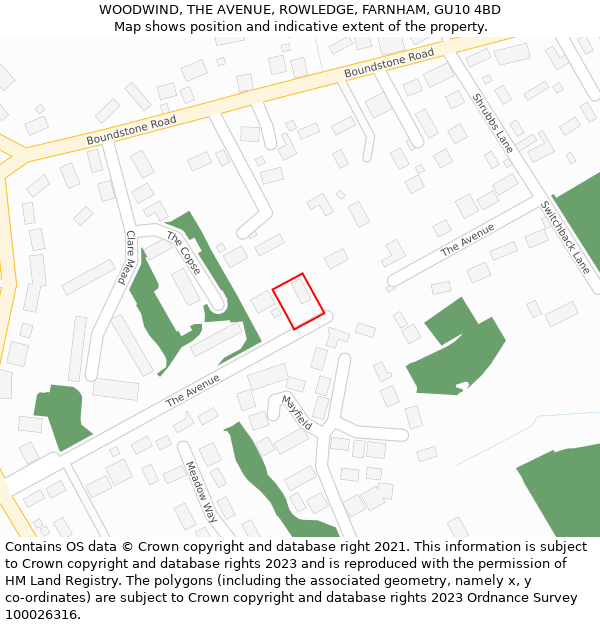 WOODWIND, THE AVENUE, ROWLEDGE, FARNHAM, GU10 4BD: Location map and indicative extent of plot