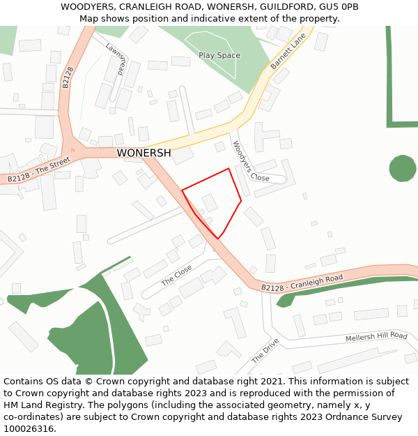 WOODYERS, CRANLEIGH ROAD, WONERSH, GUILDFORD, GU5 0PB: Location map and indicative extent of plot